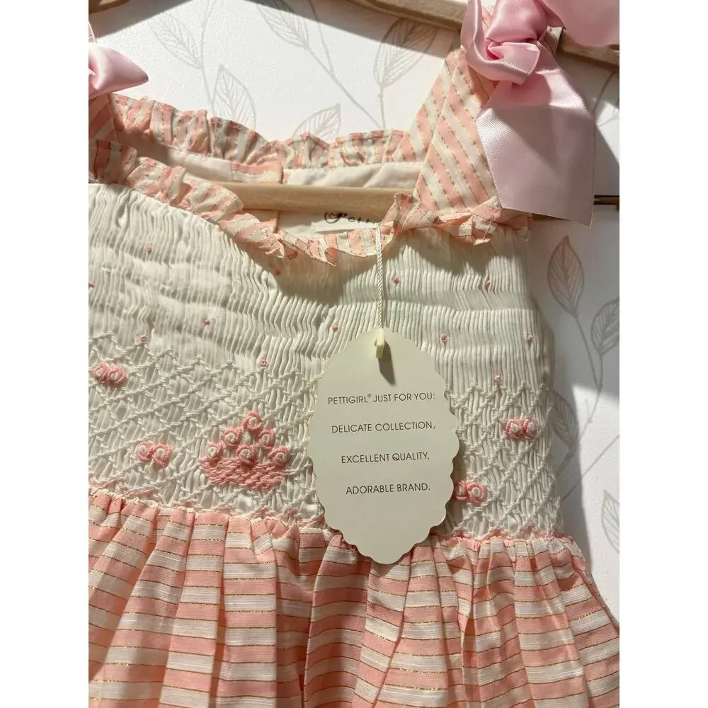 Pettigirl Girls Dress Size 5 Pink Stripe Smocked Bow 100% Cotton NWT Boutique